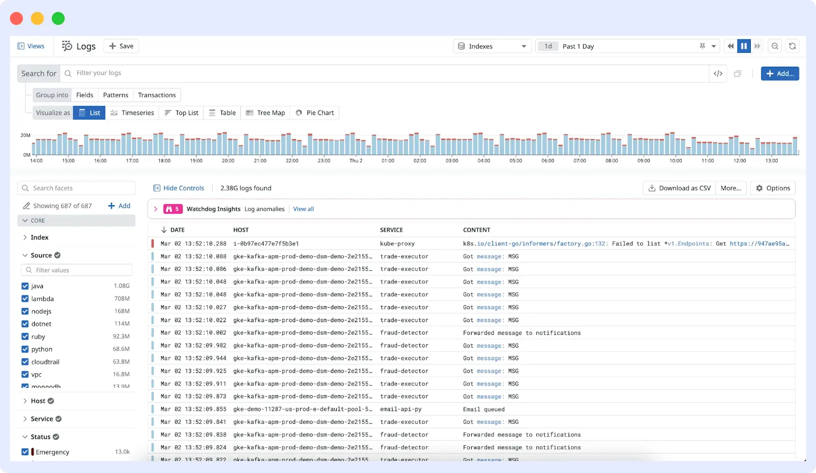 Datadog Log Explorer showing real-time log analysis and APM trace correlation