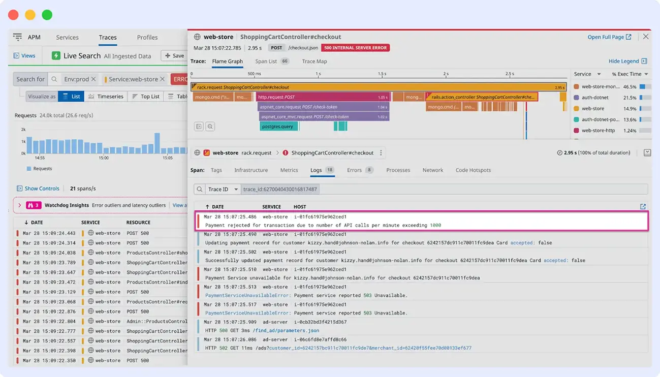 Datadog APM dashboard showing distributed tracing