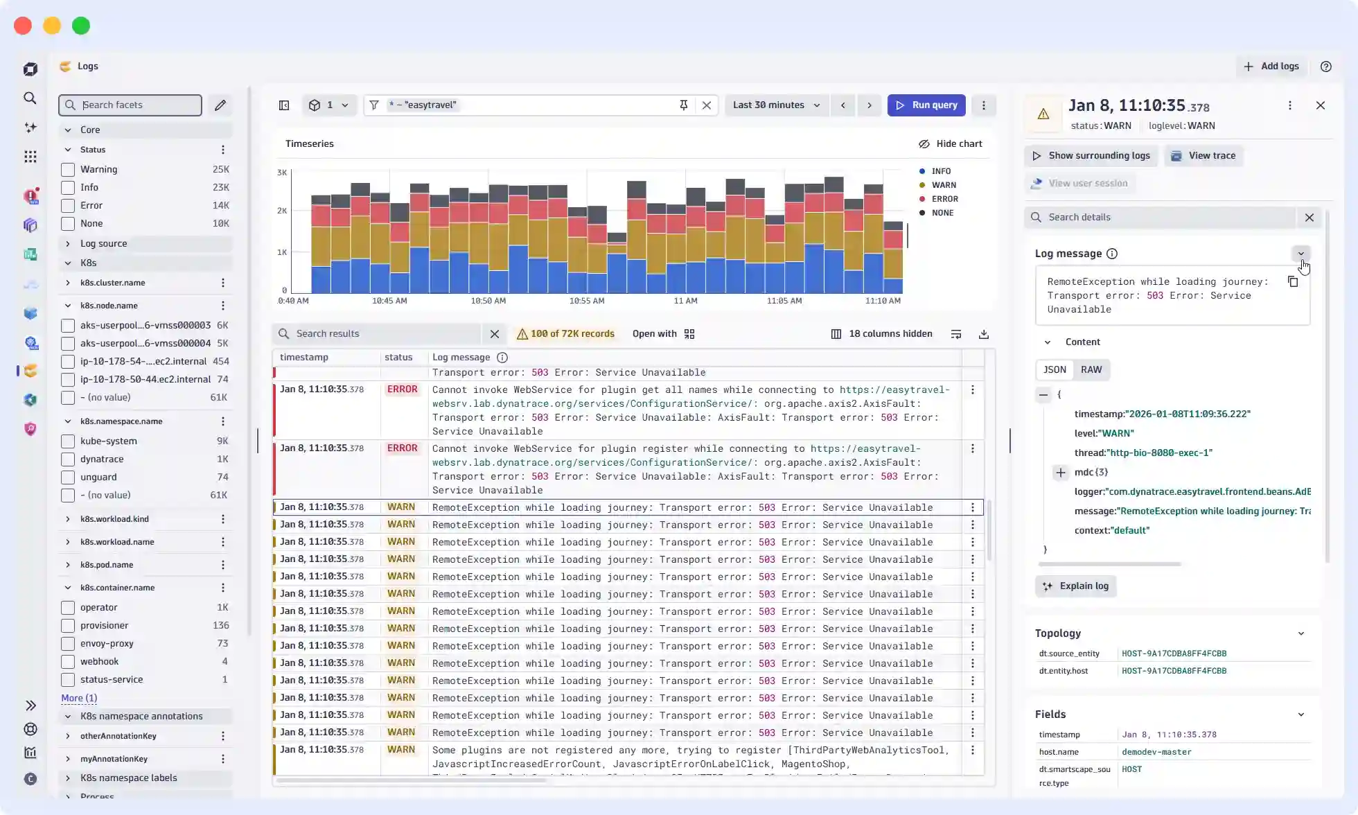 Dynatrace Davis AI root cause analysis view for enterprise log monitoring