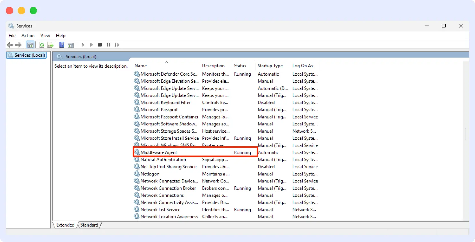 Windows Services app showing Middleware Agent running status for Windows server monitoring