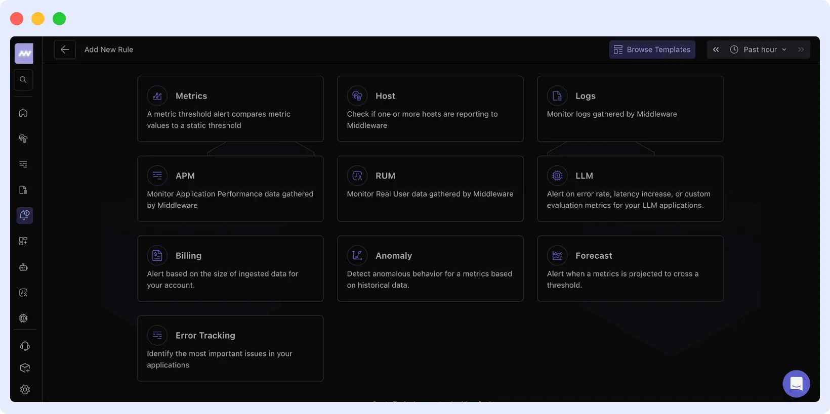 Middleware dashboard Alerts section showing the Add New Rule option for creating monitoring alerts