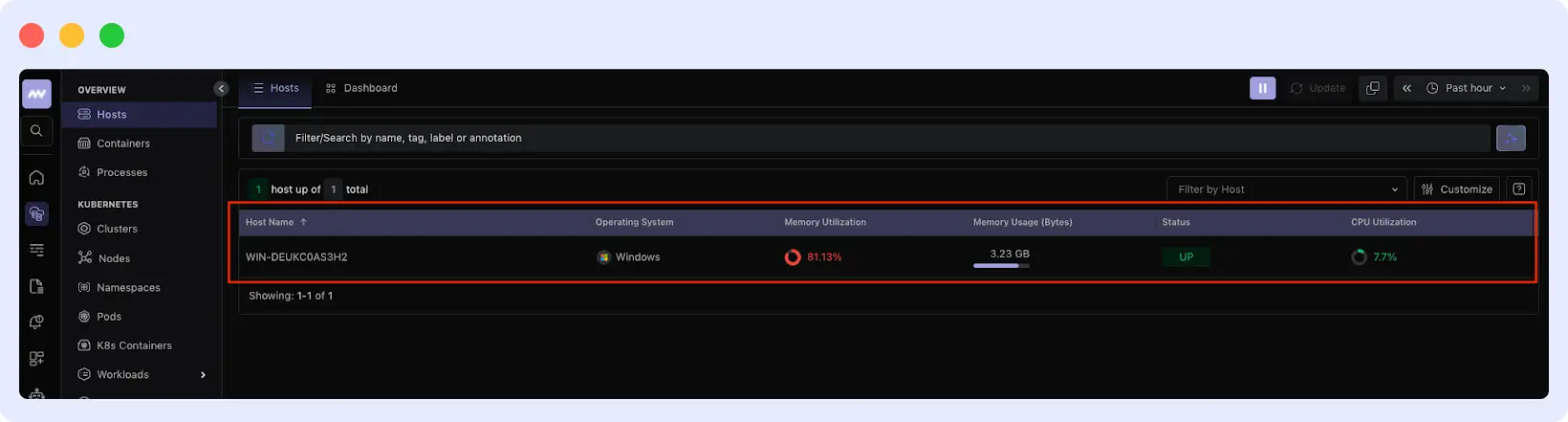 Middleware dashboard Infrastructure Hosts view showing connected Windows server for performance monitoring
