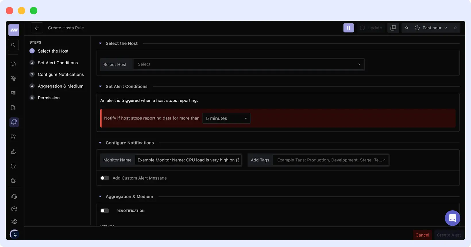 Selecting host alert in Middleware to monitor Windows server uptime and availability