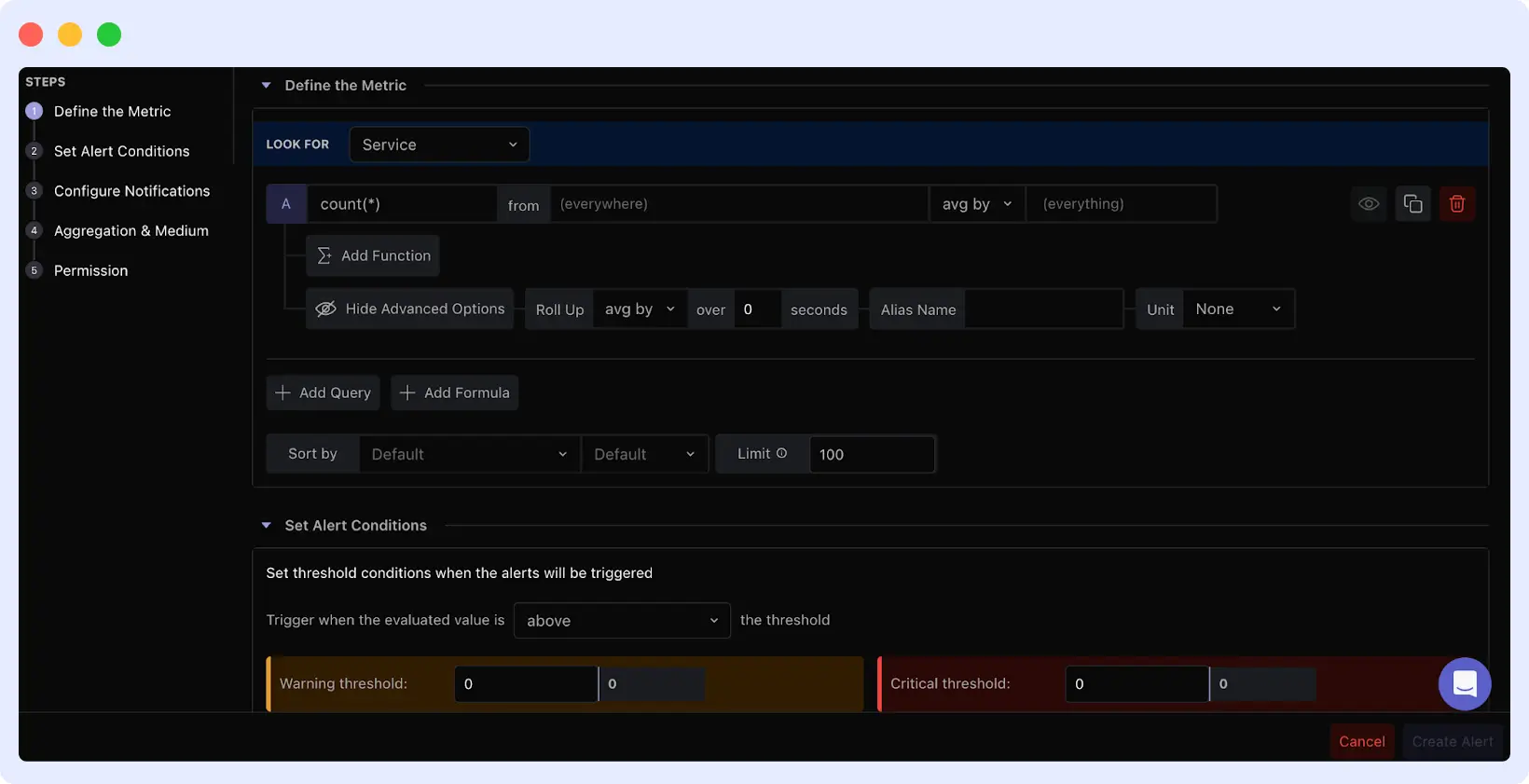 Middleware dashboard metrics alert configuration for setting threshold-based alerts on system metrics
