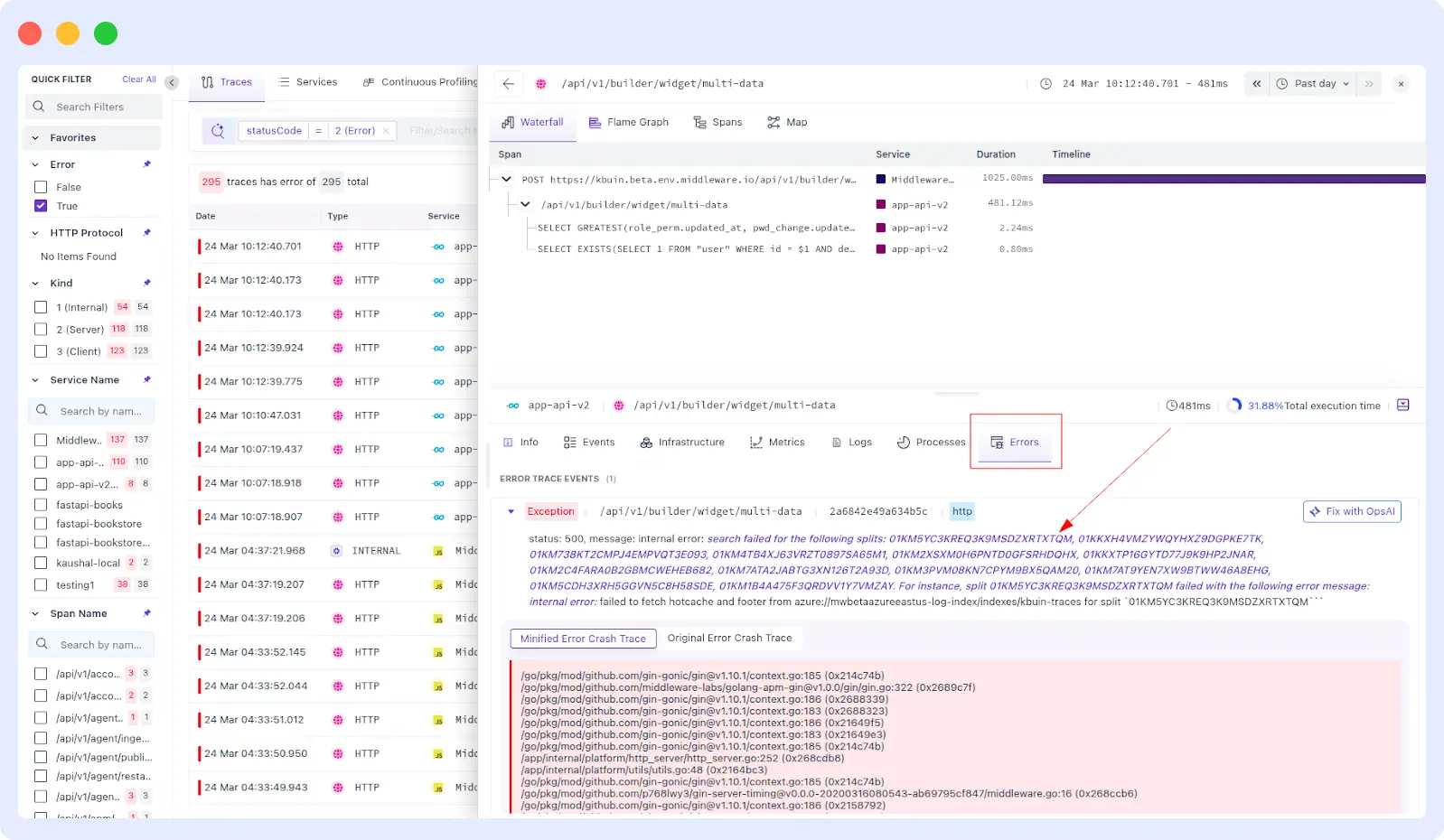OpsAI Stacktrace View