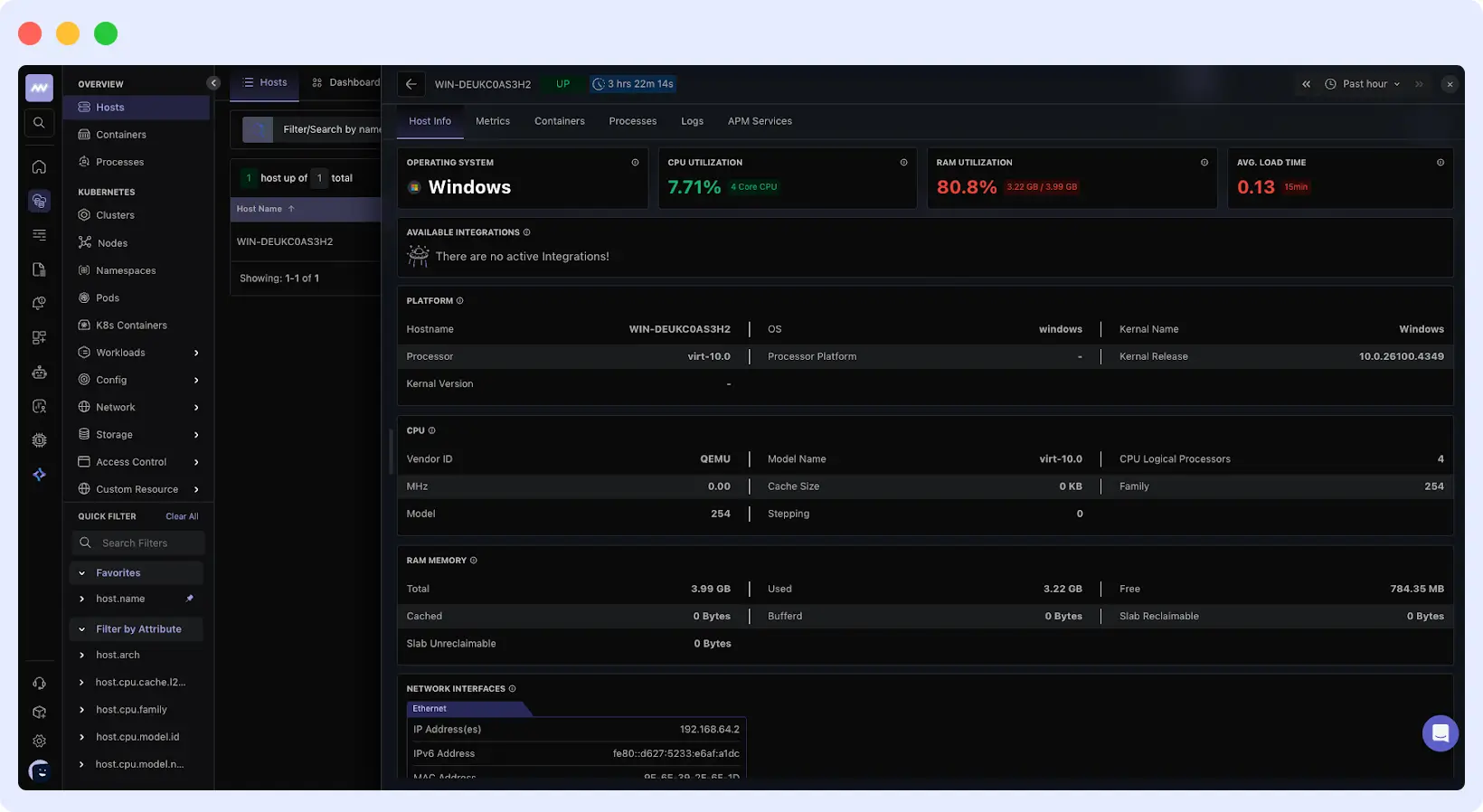 Windows infrastructure monitoring dashboard showing host metrics in Middleware