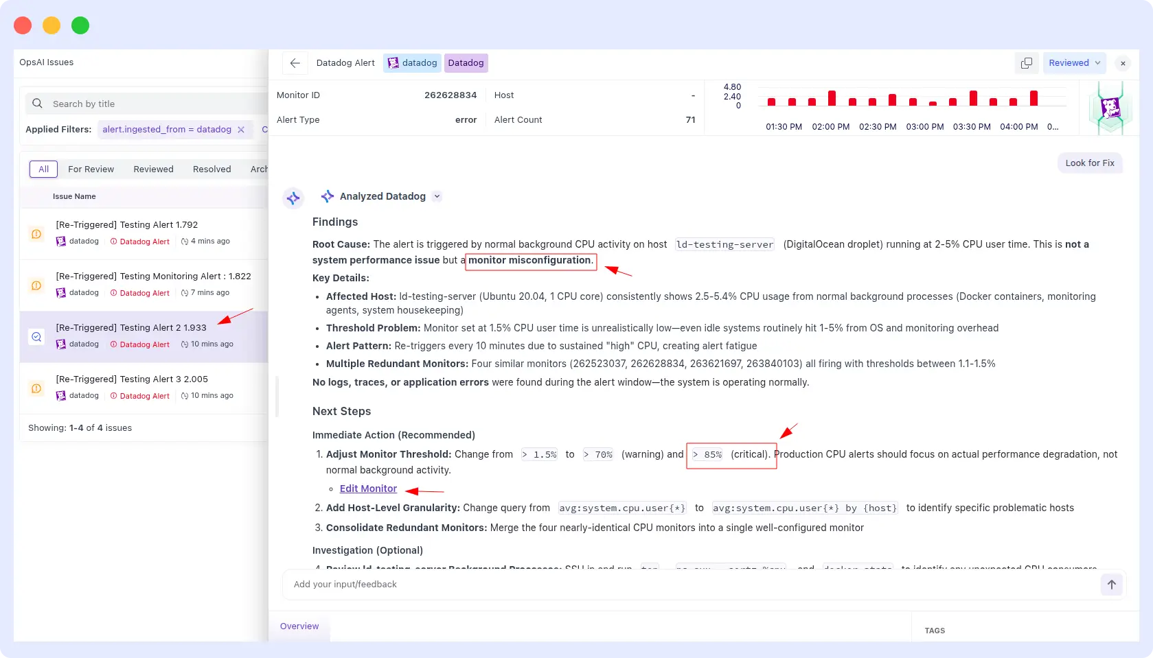 Middleware OpsAI — CPU threshold alert RCA, monitor misconfiguration Middleware OpsAI root cause analysis identifying a CPU threshold alert as a monitor misconfiguration, with recommendations to raise thresholds from 1.5% to 70–85% and consolidate redundant monitors