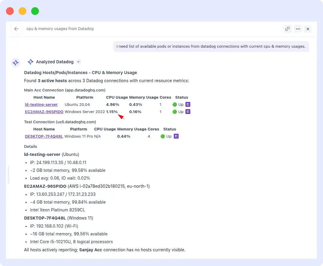 Middleware OpsAI — Datadog pod CPU/memory usage accurate result Middleware OpsAI listing 3 active Datadog hosts with accurate CPU and memory usage across multiple Datadog account connections
