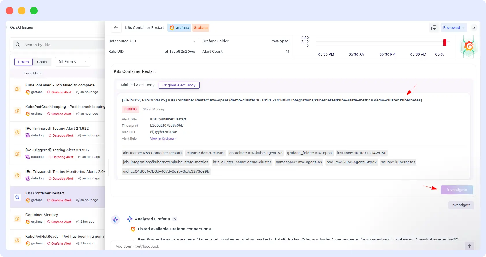 Middleware OpsAI — K8s container restart alert intake, demo-cluster Middleware OpsAI K8s Container Restart alert view for demo-cluster showing full alert metadata, pod labels, namespace, and the Investigate button to begin root cause analysis