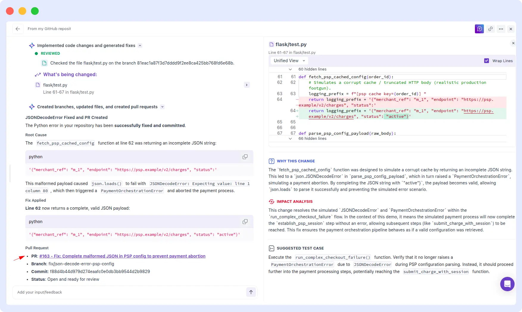 Middleware OpsAI — PSP JSONDecodeError fixed with PR #163 generated Middleware OpsAI fixing a JSONDecodeError in the PSP config payload at line 62 and generating pull request 163 to prevent payment abortion, shown with code diff and PR details