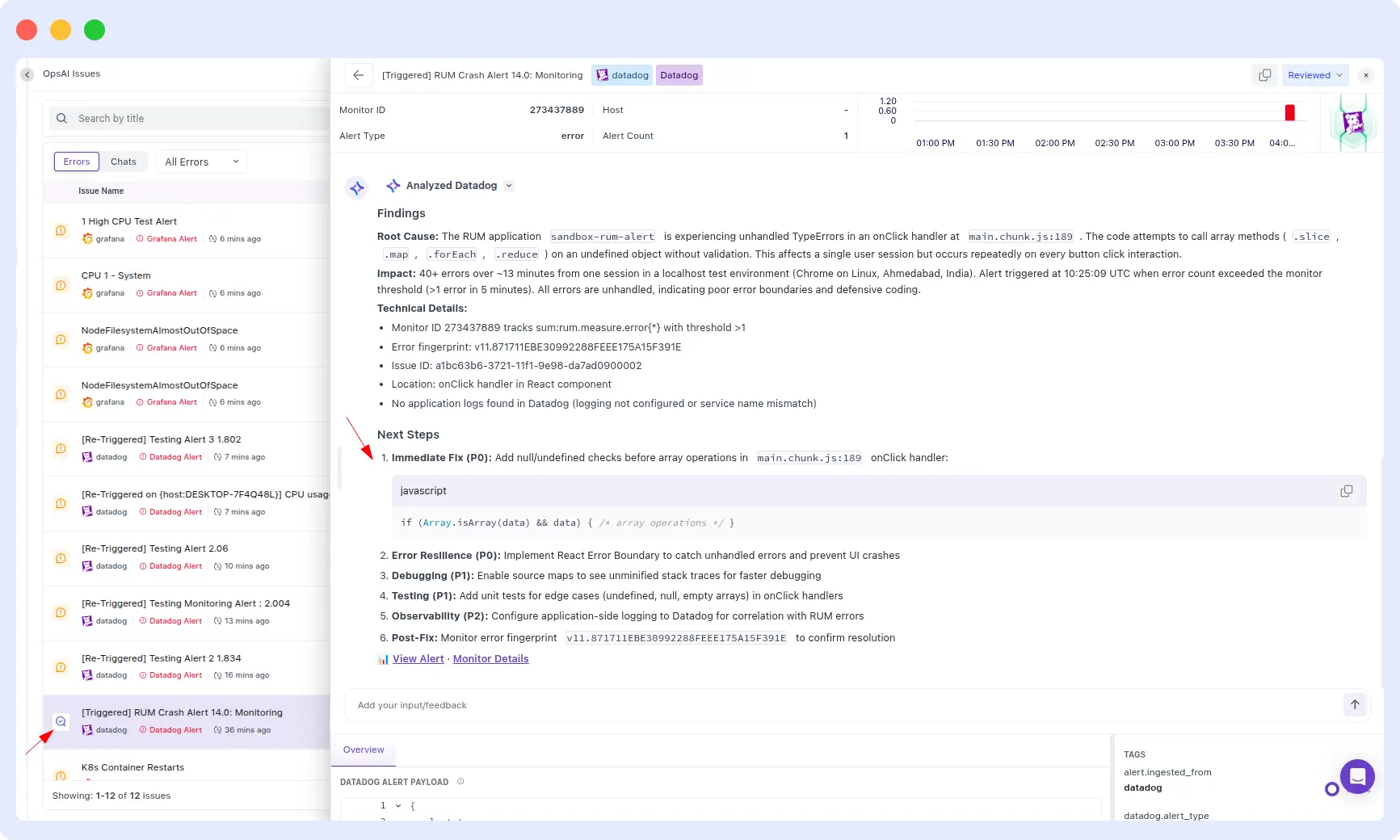 Middleware OpsAI — RUM crash TypeError root cause with code fix (benchmark round 5) Middleware OpsAI identifying a RUM application crash root cause as unhandled TypeErrors in a React onClick handler at main.chunk.js:189, with a prioritized code fix and remediation steps