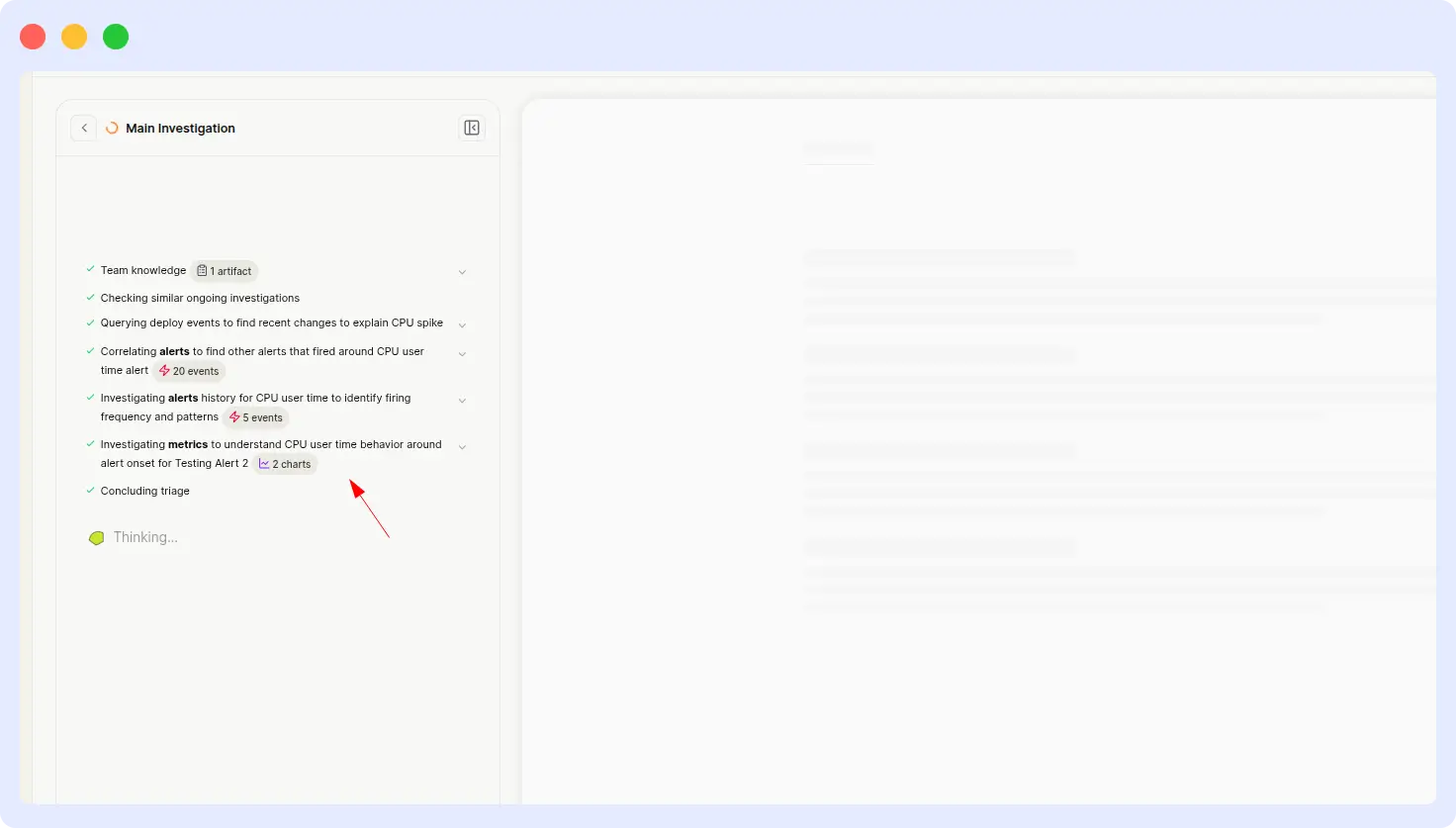 Resolve AI — CPU alert investigation still processing, no output Resolve AI CPU threshold alert investigation panel still showing Thinking status with multiple in-progress investigation steps and no output produced