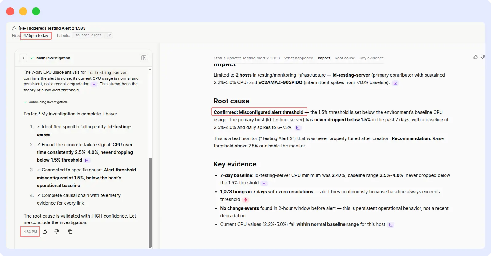Resolve AI correctly identifying a misconfigured 1.5% CPU alert threshold as the root cause after more than 18 minutes, with key evidence showing 1,073 alert firings in 7 days with zero resolutions