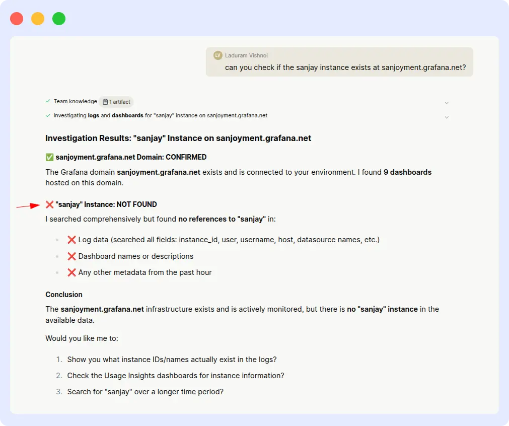 Resolve AI — sanjay instance NOT FOUND after reprompt, attempt 2 Resolve AI reporting sanjay instance NOT FOUND on sanjayment.grafana.net after a user reprompt, with X marks across all log, dashboard, and metadata fields