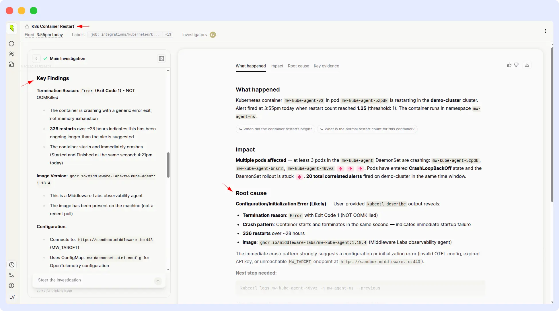 Resolve AI — K8s container restart diagnosed but no remediation runbook provided Resolve AI Kubernetes container restart investigation showing root cause analysis and impact summary without any kubectl commands or prioritized remediation runbook