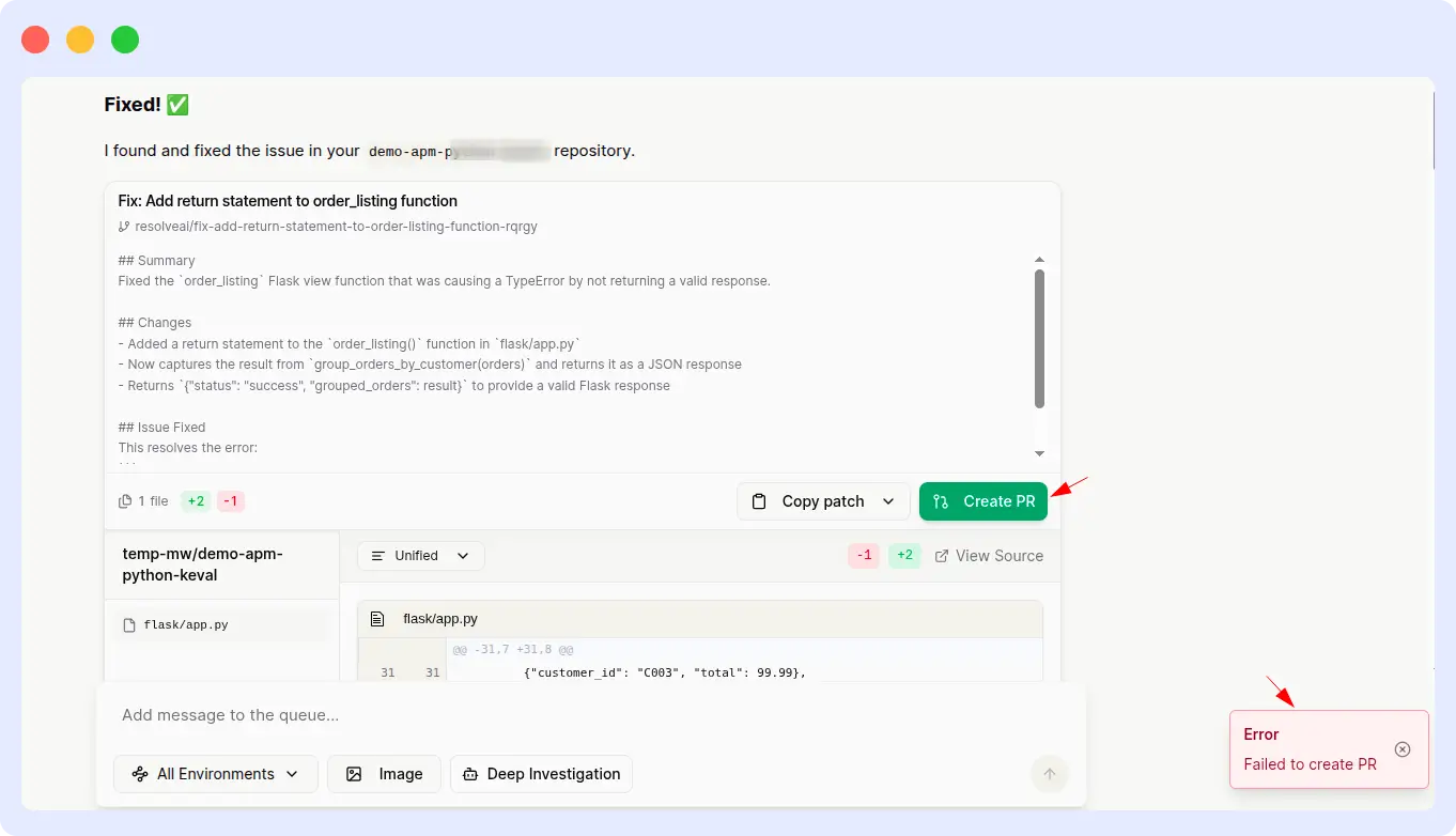 Resolve AI — PSP fix found but failed to create pull request Resolve AI showing a Fixed confirmation for the PSP order_listing function with a Failed to create PR error message blocking the pull request from being opened