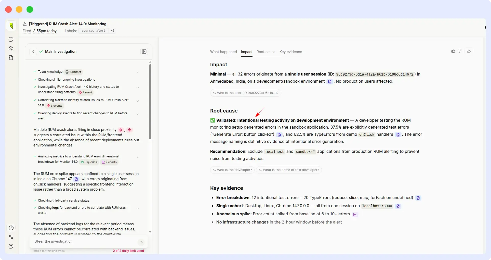 Resolve AI — RUM crash misclassified as intentional testing, no fix provided, daily limit reached Resolve AI misclassifying a RUM application crash as intentional testing activity on a development environment, with no remediation steps provided and daily query limit reached