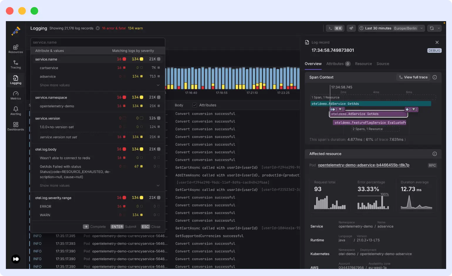 Dash0 trace explorer displaying OTel-native span waterfall and signal-based pricing breakdown for logs, spans, and metrics