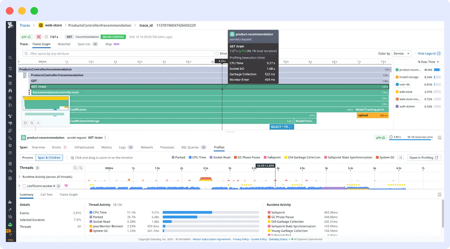 Datadog APM service map displaying distributed trace dependencies and latency across microservices