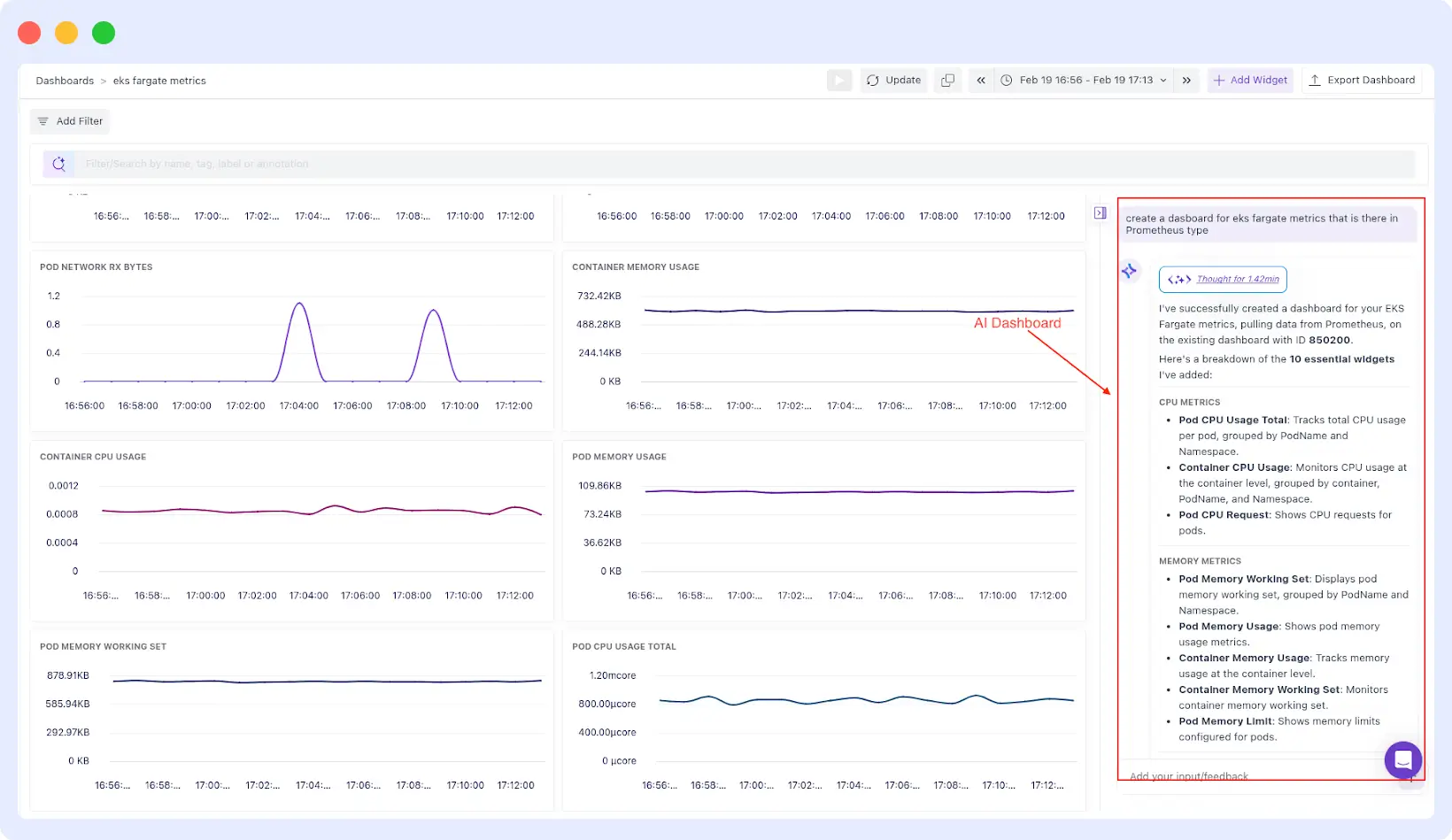 Middleware AI Dashboard Builder generating an EKS Fargate observability
dashboard with widgets for pod CPU usage, memory working set, container
memory usage, and network receive bytes grouped by PodName and Namespace