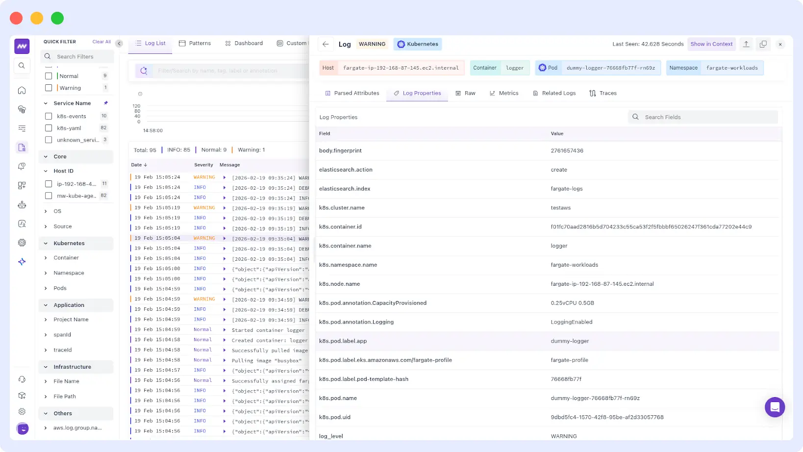 Middleware dashboard showing live logs and pod-level metrics from Amazon EKS
Fargate workloads including pod name, namespace, container name, log level,
and Kubernetes labels in the Log Explorer