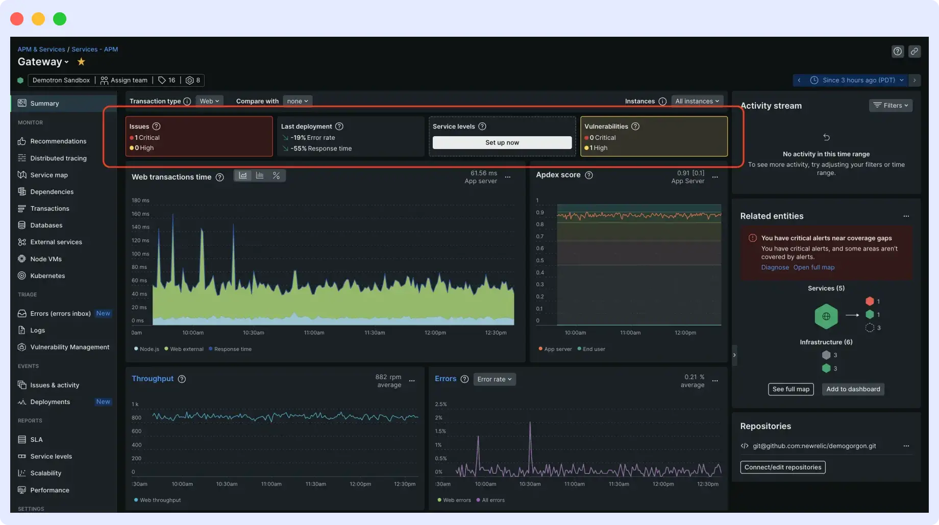 New Relic full-stack observability platform showing APM, browser monitoring, and infrastructure health in one view