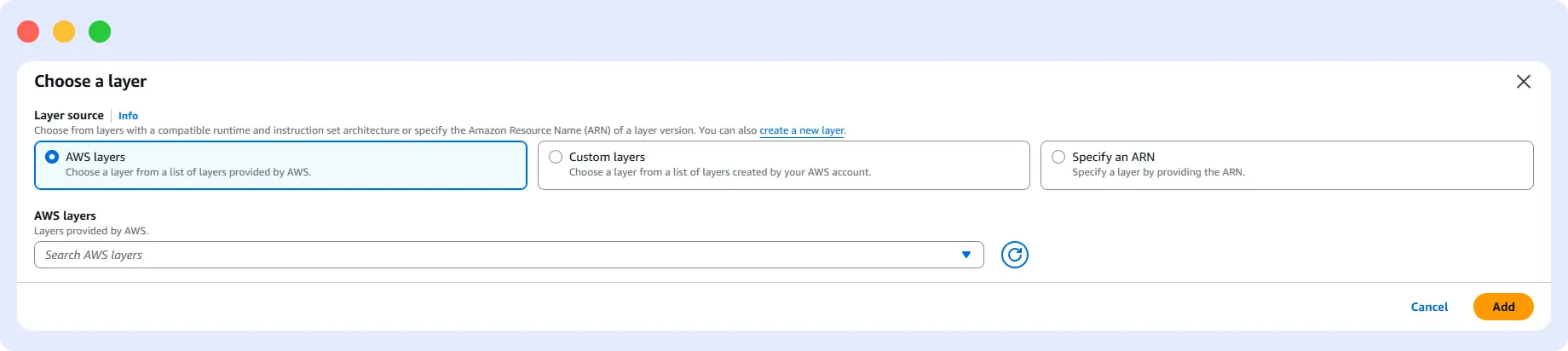 AWS Lambda Choose a layer dialog for adding OpenTelemetry Lambda layers