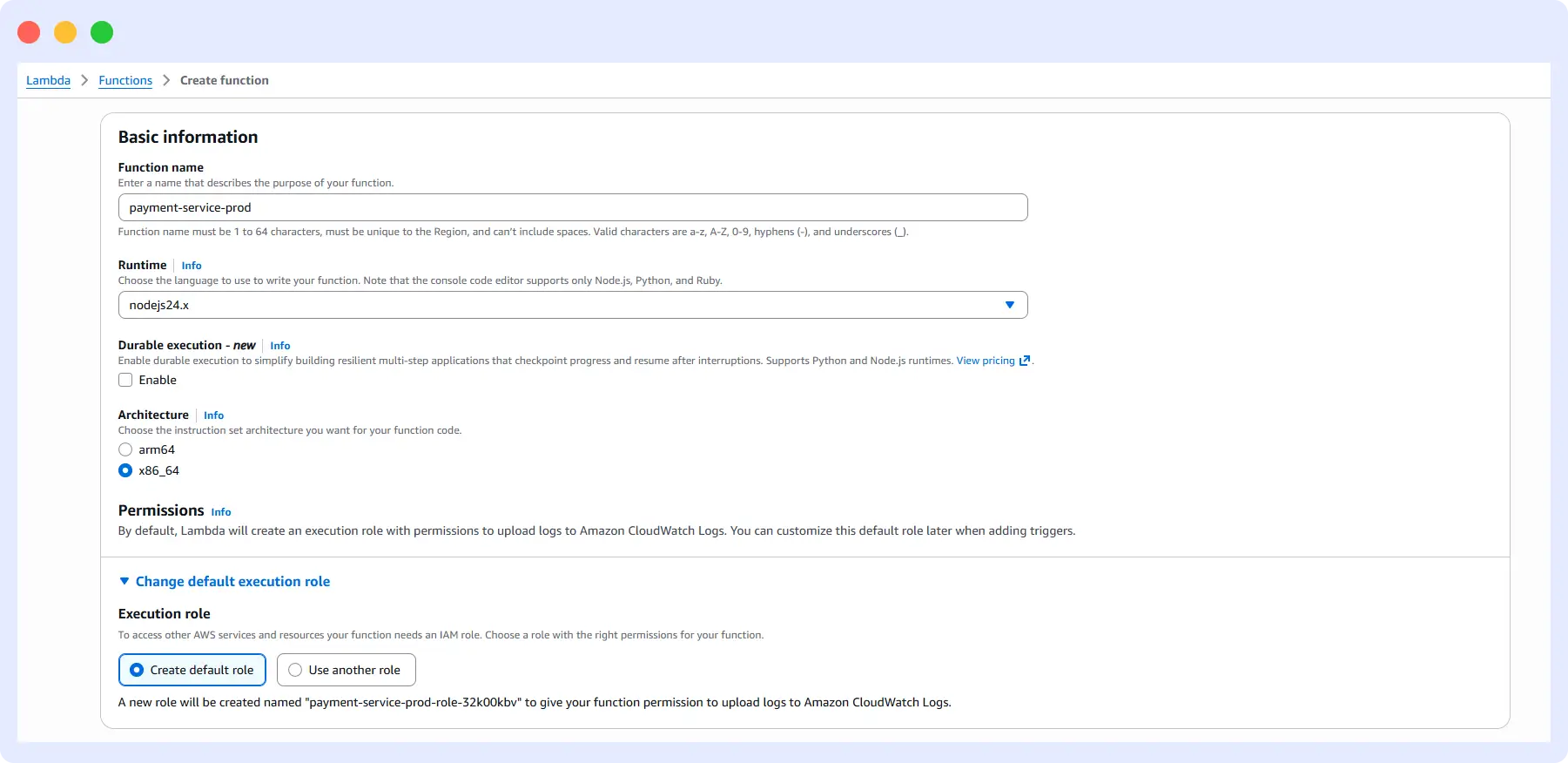 AWS Lambda create function screen showing basic information fields