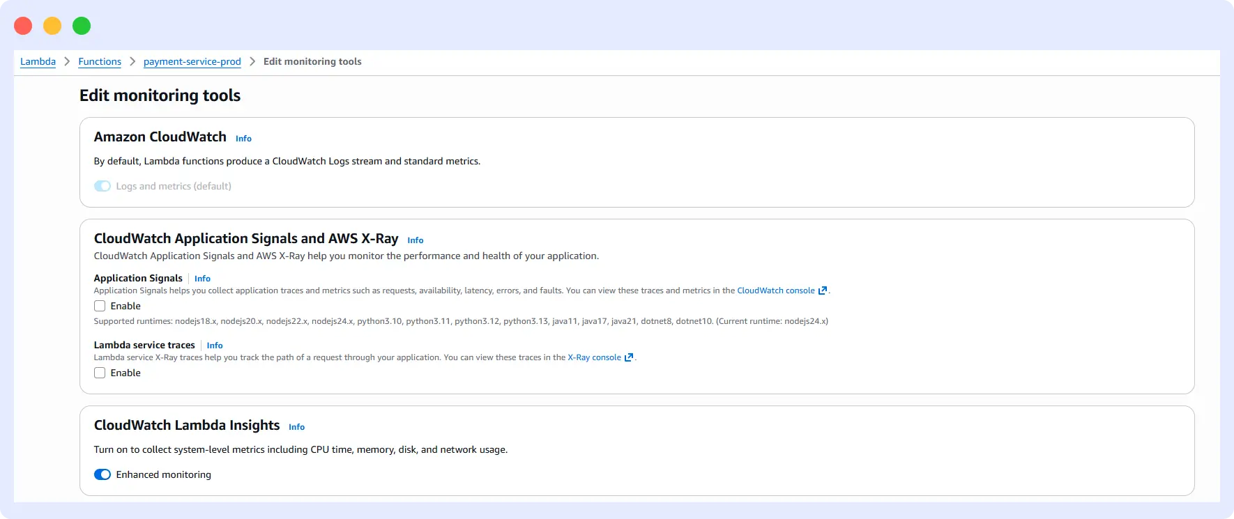 AWS Lambda edit monitoring tools screen showing CloudWatch, X-Ray, and Lambda Insights options