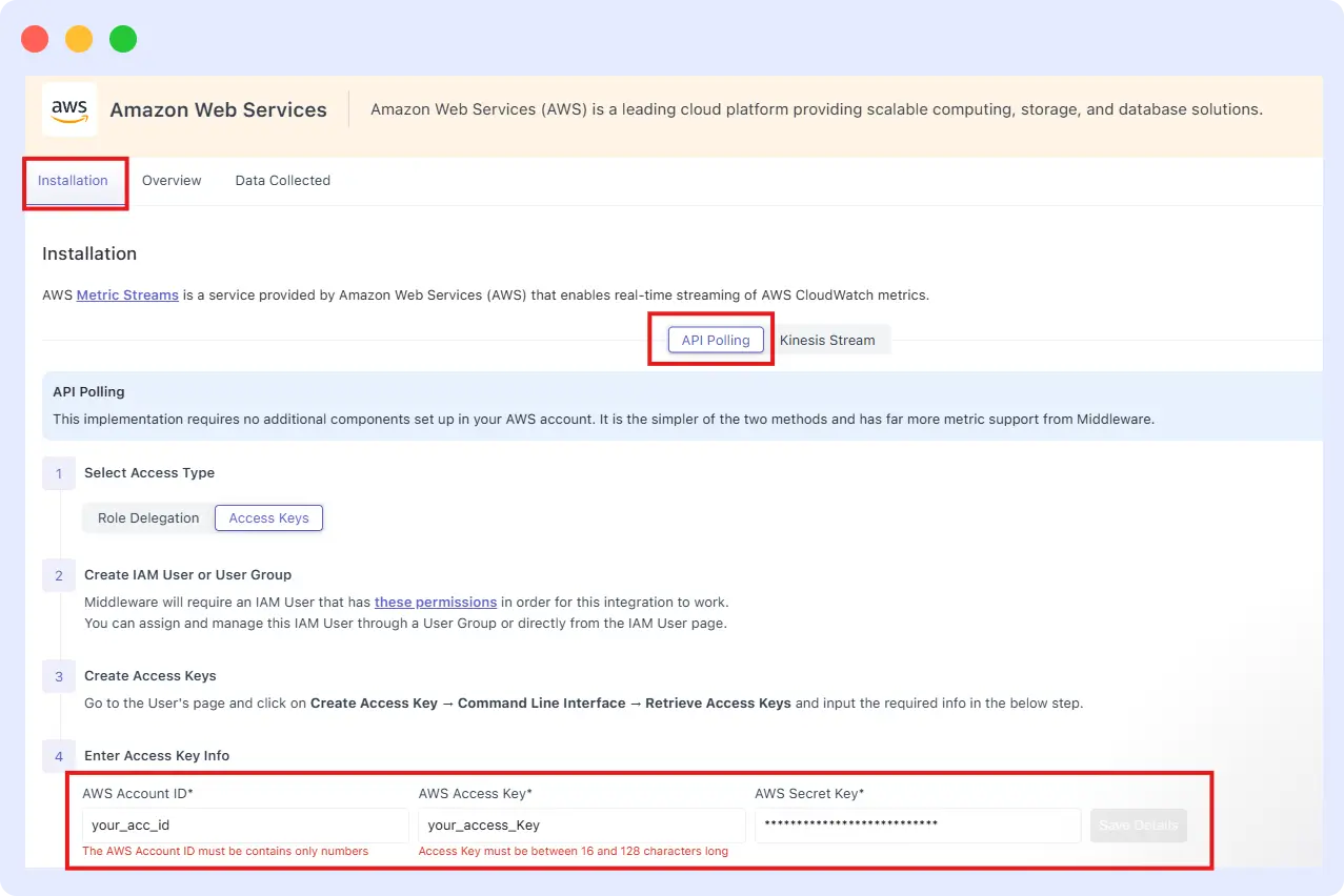 Middleware AWS integration API Polling setup with AWS account ID and access key fields