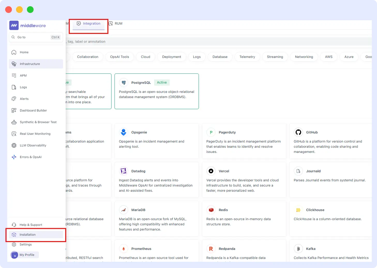 Middleware integrations marketplace showing available connectors including AWS