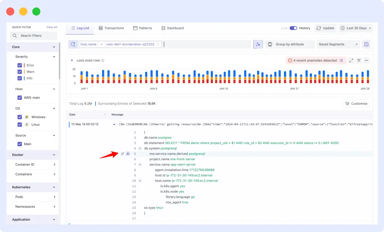 Middleware log explorer showing correlated logs with detected anomalies