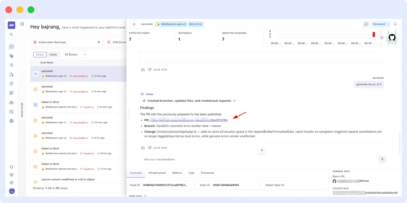 RUM error tracking dashboard listing API errors with one-click Fix Error buttons
