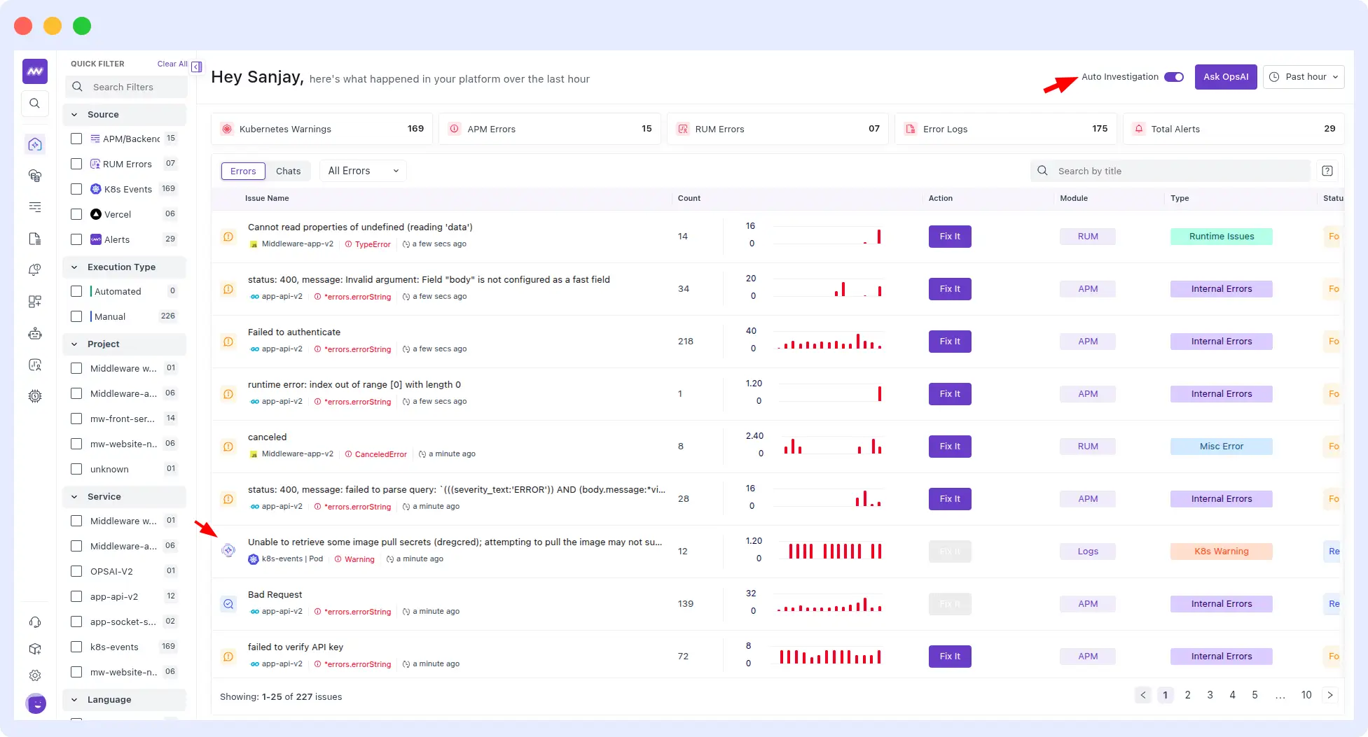 OpsAI findings panel showing auto investigation toggle and real-time error, alert, and Kubernetes warning counts