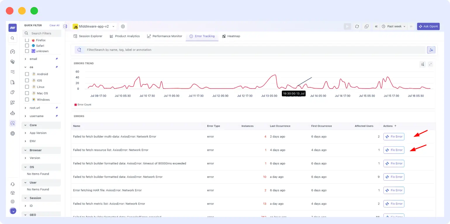 OpsAI findings panel showing affected users, crash trace, and Look for Fix button