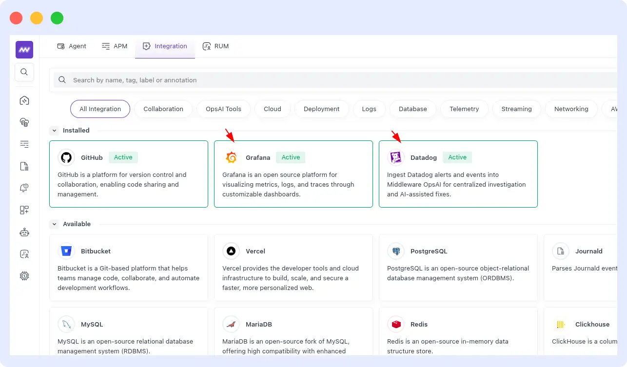 Middleware integrations page showing GitHub, Grafana, and Datadog connected for OpsAI investigations