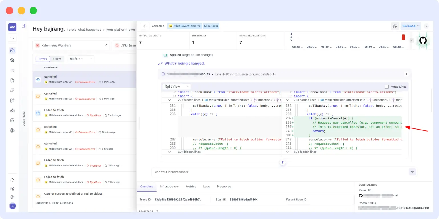 OpsAI findings panel with generated pull request link and branch name
