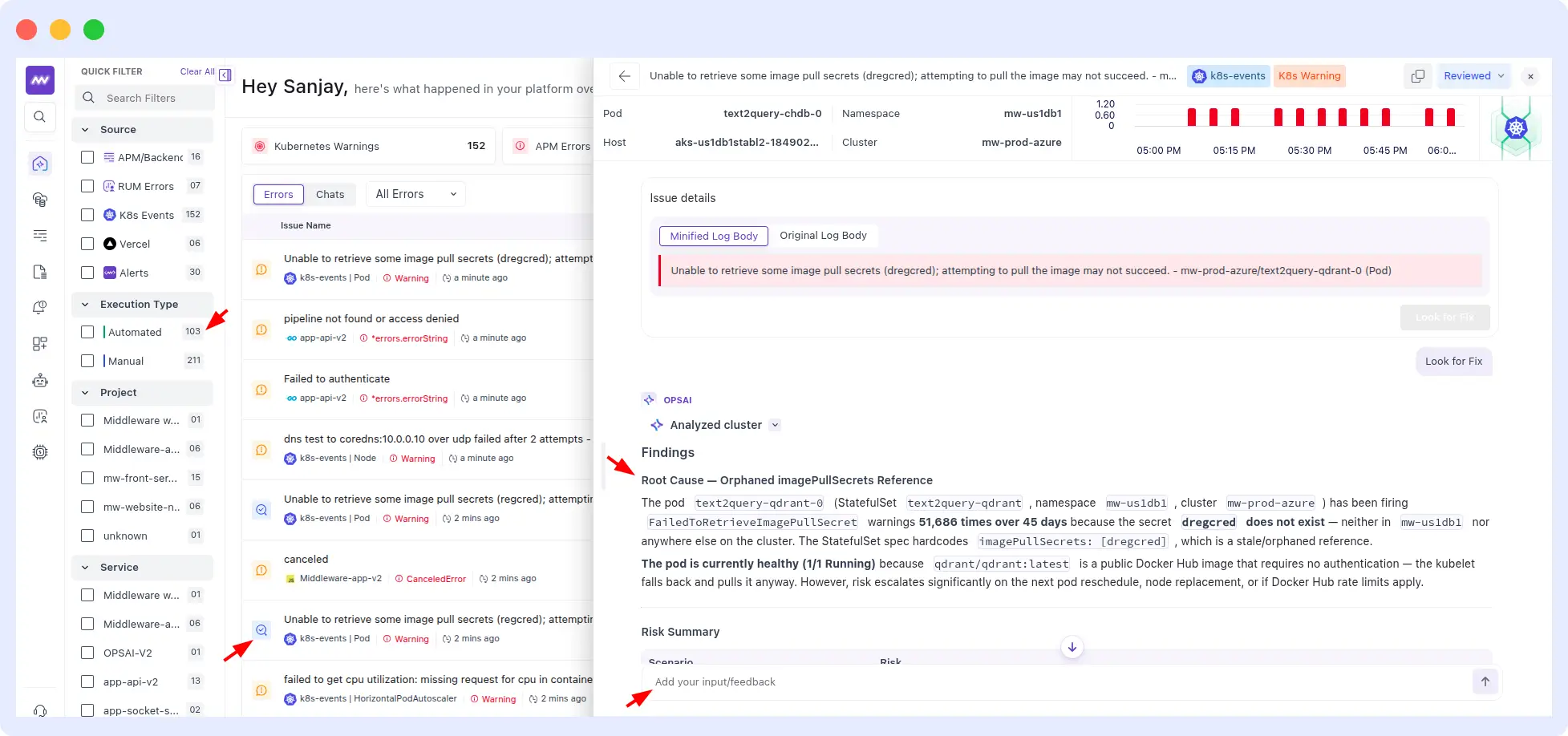 OpsAI root cause analysis identifying an orphaned imagePullSecrets reference on a Kubernetes pod