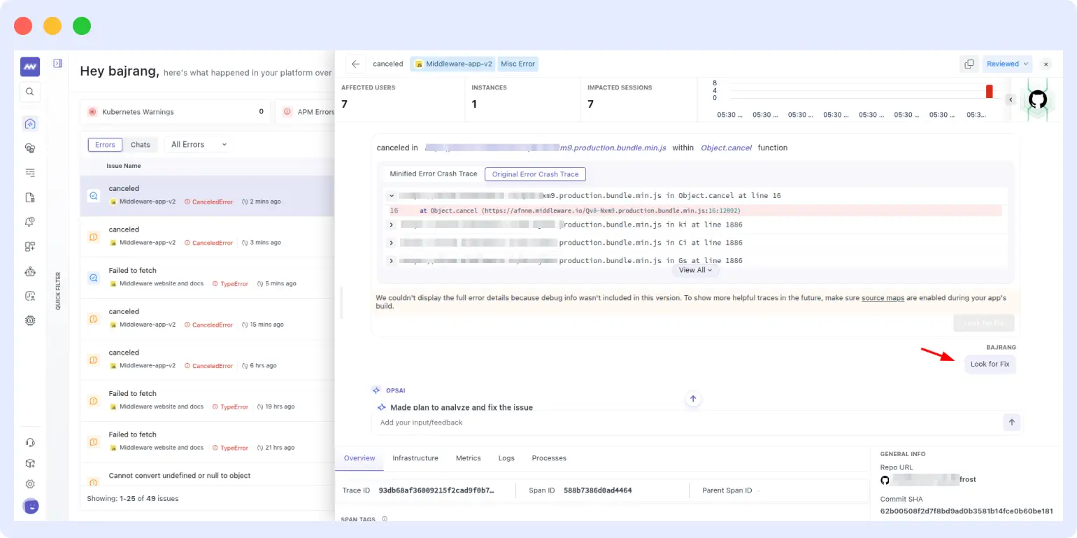 RUM Performance Monitor dashboard with Core Web Vitals and error trend charts