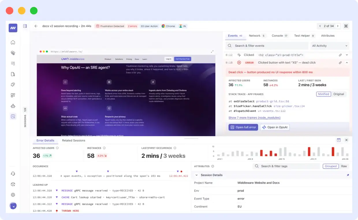 Full-detail drawer sliding up from the bottom of the Session Inspector page